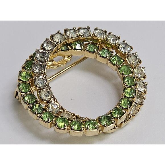 Vintage Unsigned Gold Tone - Rhinestone - Uranium Glass Double Halo Brooch - Picture 1 of 8
